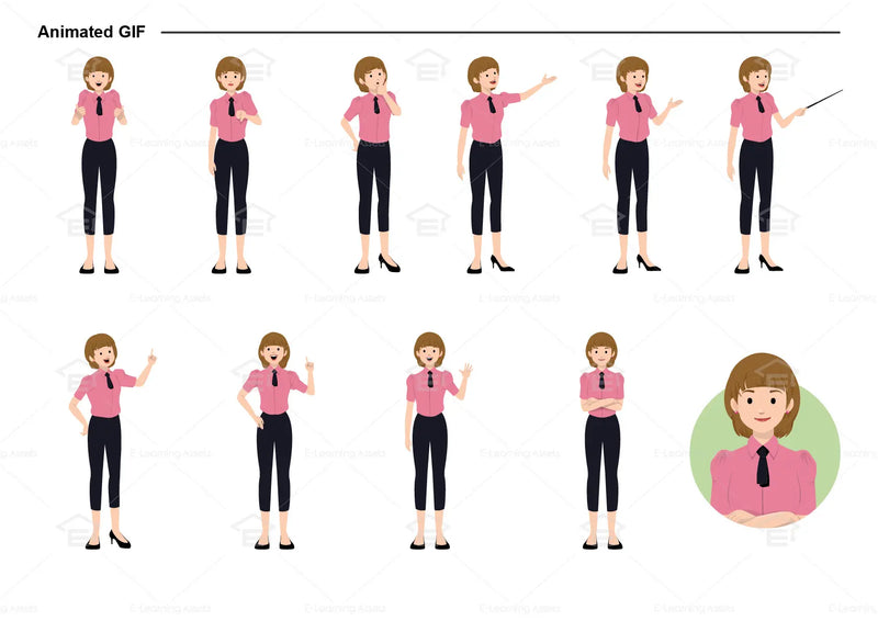 eLearning clipart of a woman wearing a short sleeve work shirt with tie and 7/8 pants. It can be used in business, office, retail, and other workplace settings.  This sheet shows animated poses: Thumb up, thumbs down, thinking, presenting, pointing, remembering, aha, waving, standing with folded arms, and transitioning colors.