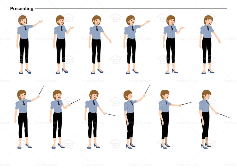 eLearning clipart of a woman wearing a short sleeve work shirt with tie and 7/8 pants. It can be used in business, office, retail, and other workplace settings.  This sheet shows the character displaying various poses for presenting.