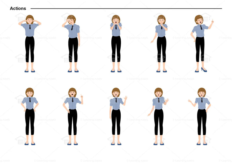eLearning clipart of a woman wearing a short sleeve work shirt with tie and 7/8 pants. It can be used in business, office, retail, and other workplace settings.  This sheet shows the character doing various actions.