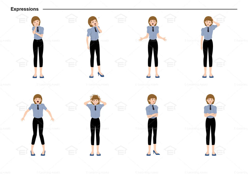 eLearning clipart of a woman wearing a short sleeve work shirt with tie and 7/8 pants. It can be used in business, office, retail, and other workplace settings.  This sheet shows the character displaying various expressions.