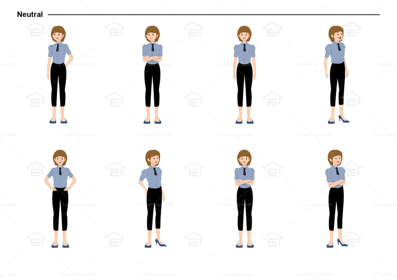 eLearning clipart of a woman wearing a short sleeve work shirt with tie and 7/8 pants. It can be used in business, office, retail, and other workplace settings.  This sheet shows the character in various neutral poses.