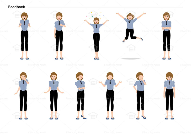 eLearning clipart of a woman wearing a short sleeve work shirt with tie and 7/8 pants. It can be used in business, office, retail, and other workplace settings.  This sheet shows the character displaying various poses for providing feedback.