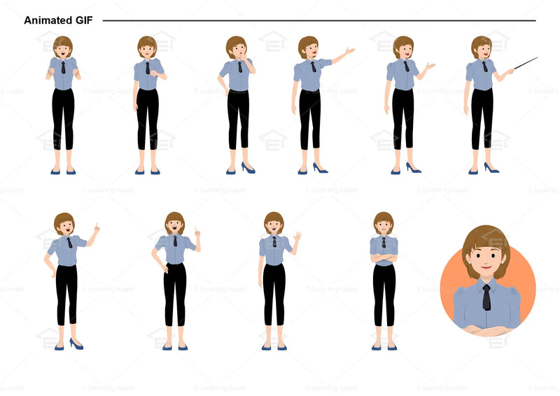 eLearning clipart of a woman wearing a short sleeve work shirt with tie and 7/8 pants. It can be used in business, office, retail, and other workplace settings.  This sheet shows animated poses: Thumb up, thumbs down, thinking, presenting, pointing, remembering, aha, waving, standing with folded arms, and transitioning colors.