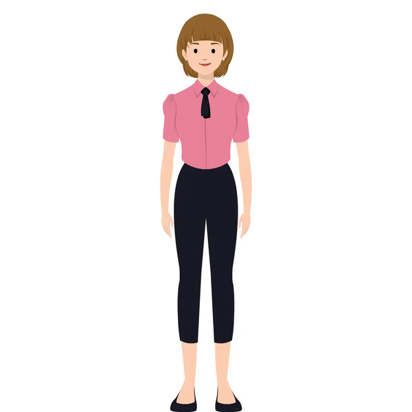 eLearning clipart of a woman wearing a short sleeve work shirt with tie and 7/8 pants. It can be used in business, office, retail, and other workplace settings.  The character set comes in Storyline, SVG, PNG, and GIF formats.