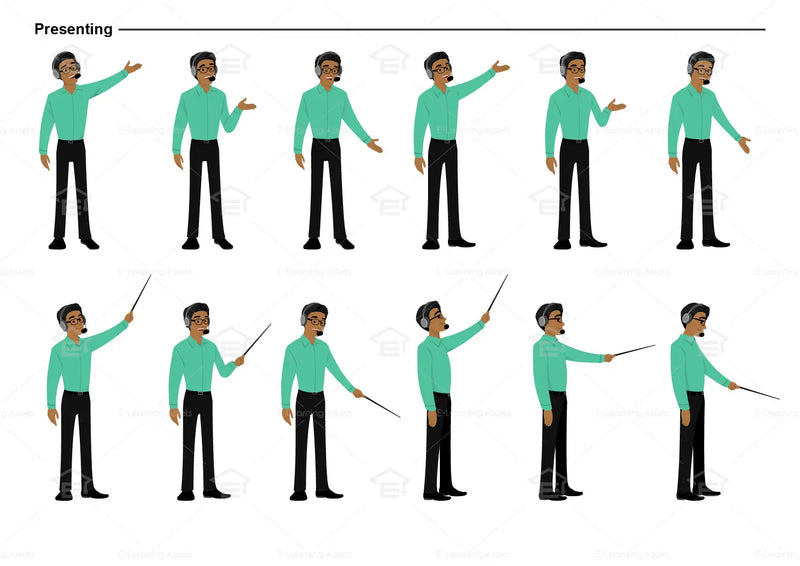 eLearning clipart of a man wearing a headset, a pair of glasses, and a long sleeve shirt. It can be used in customer service or IT settings. This sheet shows the character displaying various poses for presenting.