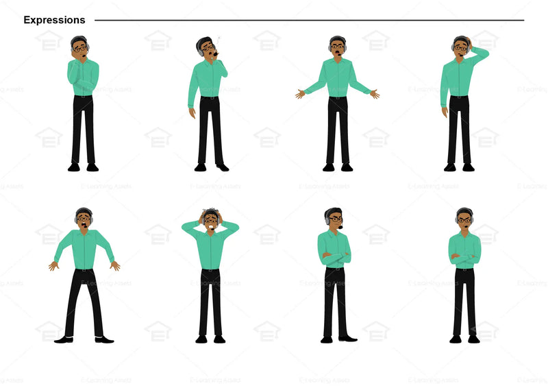 eLearning clipart of a man wearing a headset, a pair of glasses, and a long sleeve shirt. It can be used in customer service or IT settings. This sheet shows the character displaying various expressions.