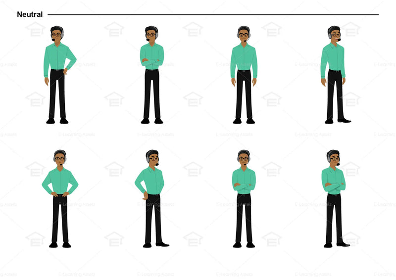 eLearning clipart of a man wearing a headset, a pair of glasses, and a long sleeve shirt. It can be used in customer service or IT settings. This sheet shows the character in various neutral poses.