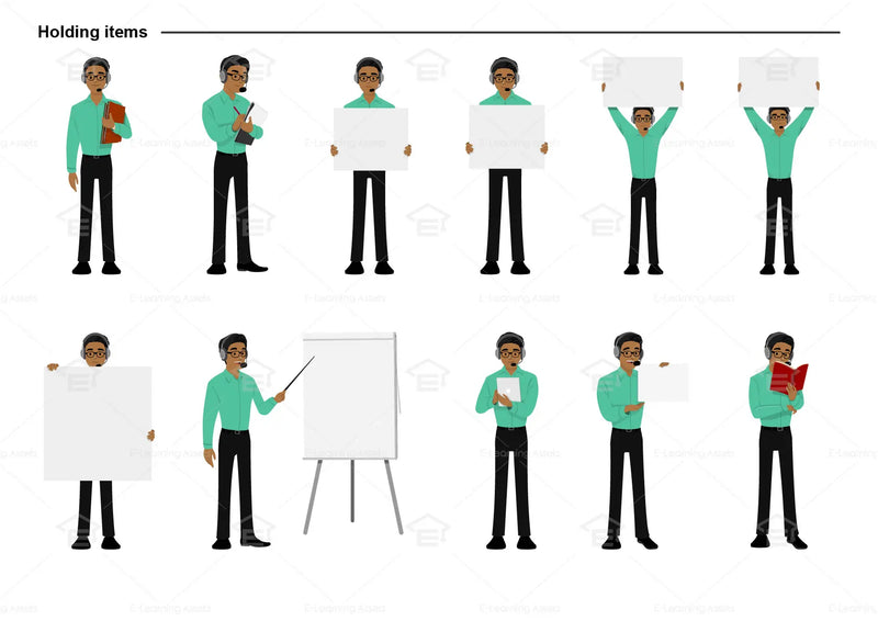 eLearning clipart of a man wearing a headset, a pair of glasses, and a long sleeve shirt. It can be used in customer service or IT settings. This sheet shows the character in various poses holding different items.