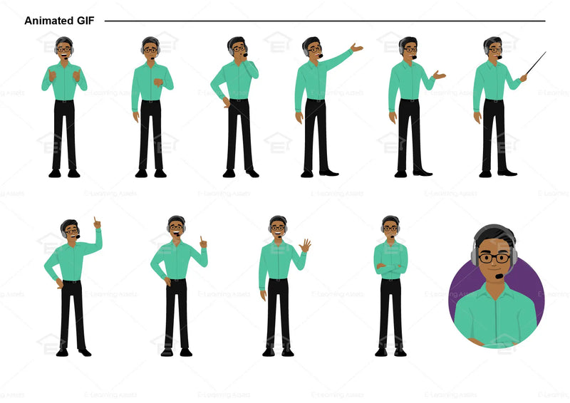 eLearning clipart of a man wearing a headset, a pair of glasses, and a long sleeve shirt. It can be used in customer service or IT settings. This sheet shows animated poses: Thumb up, thumbs down, thinking, presenting, pointing, remembering, aha, waving, standing with folded arms, and transitioning colors