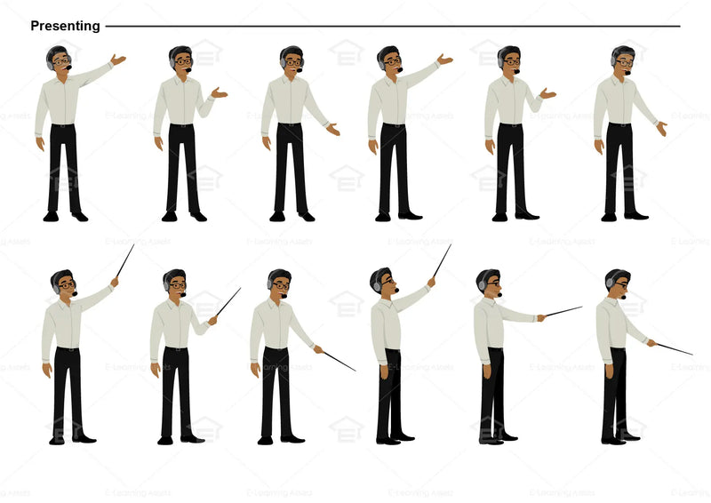 eLearning clipart of a man wearing a headset, a pair of glasses, and a long sleeve shirt. It can be used in customer service or IT settings. This sheet shows the character displaying various poses for presenting.
