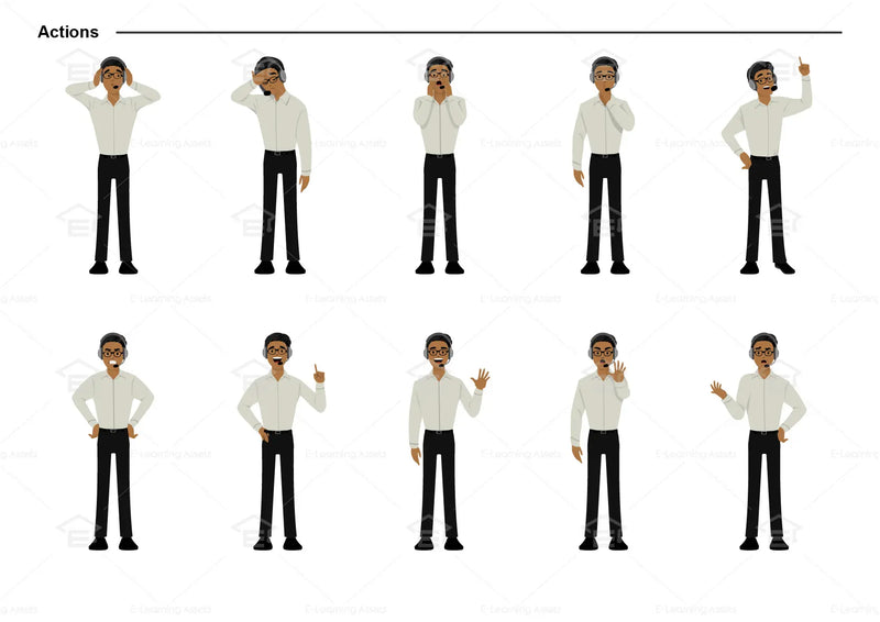 eLearning clipart of a man wearing a headset, a pair of glasses, and a long sleeve shirt. It can be used in customer service or IT settings. This sheet shows the character doing various actions.