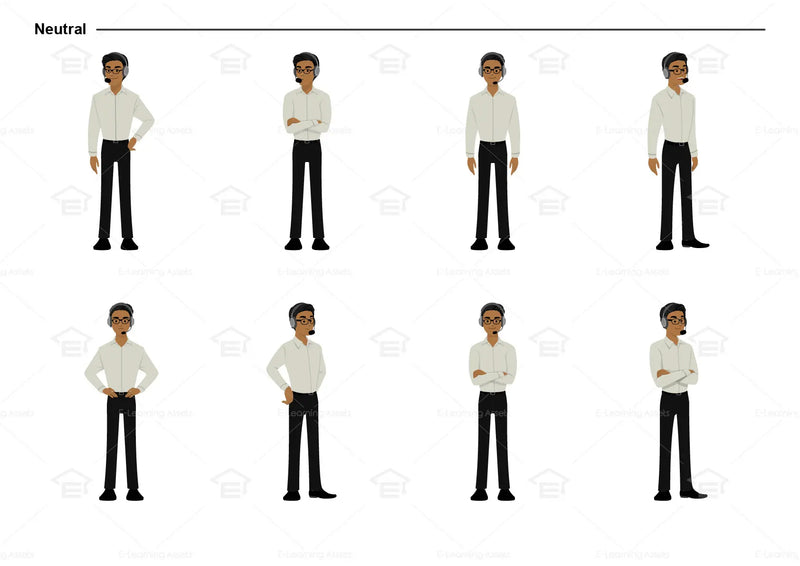 eLearning clipart of a man wearing a headset, a pair of glasses, and a long sleeve shirt. It can be used in customer service or IT settings. This sheet shows the character in various neutral poses.