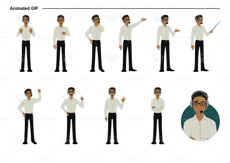 eLearning clipart of a man wearing a headset, a pair of glasses, and a long sleeve shirt. It can be used in customer service or IT settings. This sheet shows animated poses: Thumb up, thumbs down, thinking, presenting, pointing, remembering, aha, waving, standing with folded arms, and transitioning colors