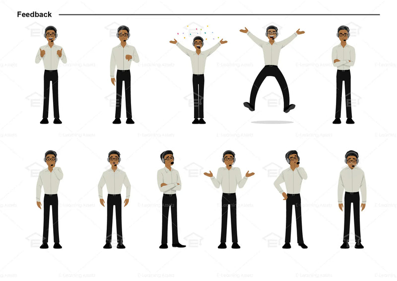 eLearning clipart of a man wearing a headset, a pair of glasses, and a long sleeve shirt. It can be used in customer service or IT settings. This sheet shows the character displaying various poses for providing feedback.