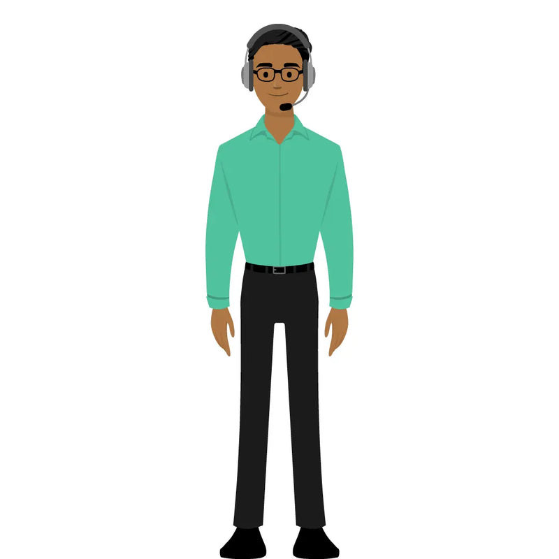 eLearning clipart of a man wearing a headset, a pair of glasses, and a long sleeve shirt. It can be used in customer service or IT settings. The character set comes in Storyline, SVG, PNG, and GIF formats.