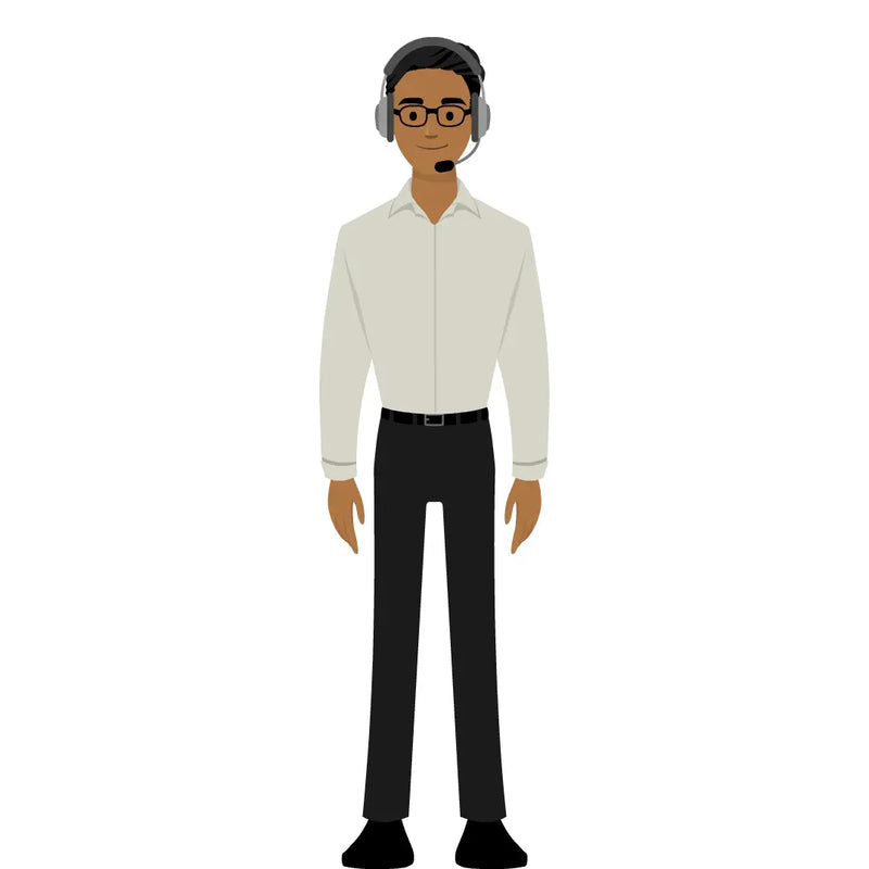 eLearning clipart of a man wearing a headset, a pair of glasses, and a long sleeve shirt. It can be used in customer service or IT settings. The character set comes in Storyline, SVG, PNG, and GIF formats.