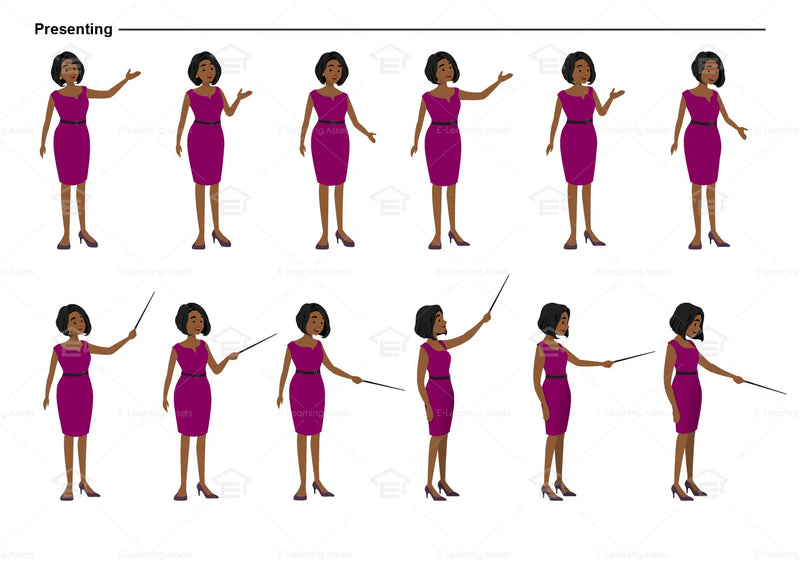 eLearning clipart of a woman wearing a work dress/business dress. It can be used in business, office, and other settings.  This sheet shows the character displaying various poses for presenting.
