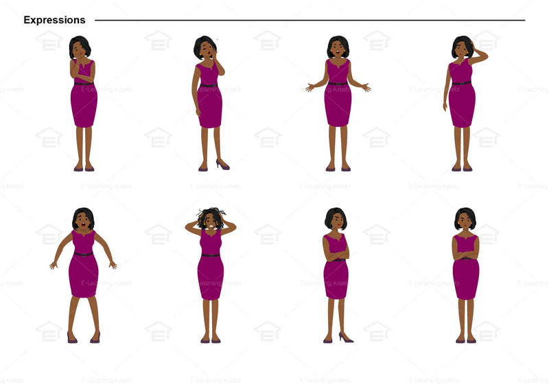 eLearning clipart of a woman wearing a work dress/business dress. It can be used in business, office, and other settings.  This sheet shows the character displaying various expressions.