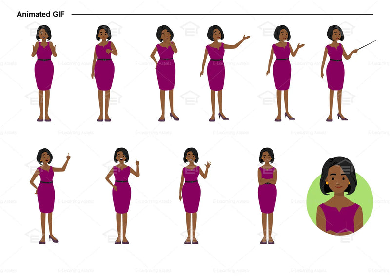 eLearning clipart of a woman wearing a work dress/business dress. It can be used in business, office, and other settings.  This sheet shows animated poses: Thumb up, thumbs down, thinking, presenting, pointing, remembering, aha, waving, standing with folded arms, and transitioning colors.