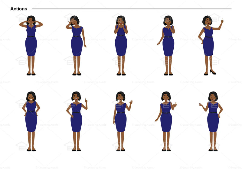 eLearning clipart of a woman wearing a work dress/business dress. It can be used in business, office, and other settings.  This sheet shows the character doing various actions.