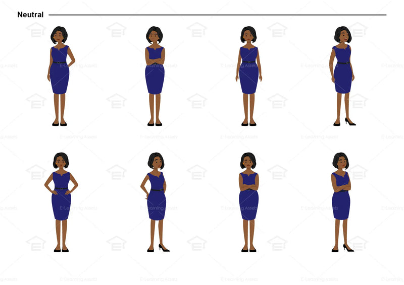 eLearning clipart of a woman wearing a work dress/business dress. It can be used in business, office, and other settings.  This sheet shows the character in various neutral poses.
