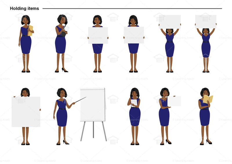 eLearning clipart of a woman wearing a work dress/business dress. It can be used in business, office, and other settings.  This sheet shows the character in various poses holding different items.