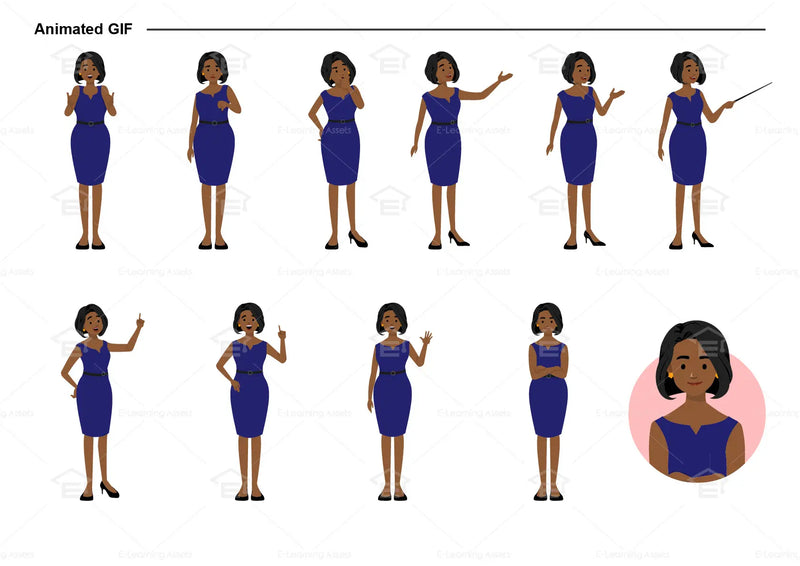 eLearning clipart of a woman wearing a work dress/business dress. It can be used in business, office, and other settings.  This sheet shows animated poses: Thumb up, thumbs down, thinking, presenting, pointing, remembering, aha, waving, standing with folded arms, and transitioning colors.