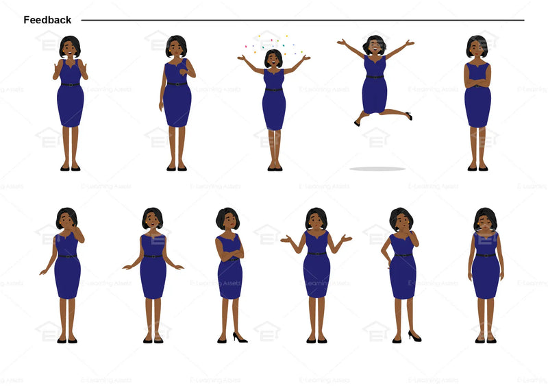 eLearning clipart of a woman wearing a work dress/business dress. It can be used in business, office, and other settings.  This sheet shows the character displaying various poses for providing feedback.
