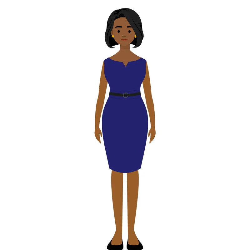 eLearning clipart of a woman wearing a work dress/business dress. It can be used in business, office, and other settings.  The character set comes in Storyline, SVG, PNG, and GIF formats.