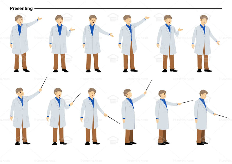 eLearning clipart of a scientist, lab technician, a person in the medical industry. A male character is wearing a lab coat. This sheet shows the character displaying various poses for presenting.