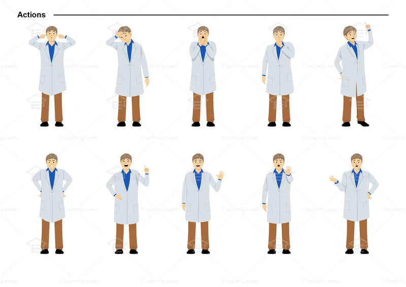 eLearning clipart of a scientist, lab technician, a person in the medical industry. A male character is wearing a lab coat. This sheet shows the character doing various actions.