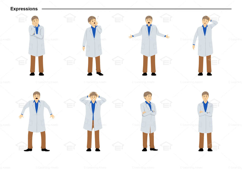 eLearning clipart of a scientist, lab technician, a person in the medical industry. A male character is wearing a lab coat. This sheet shows the character displaying various expressions.