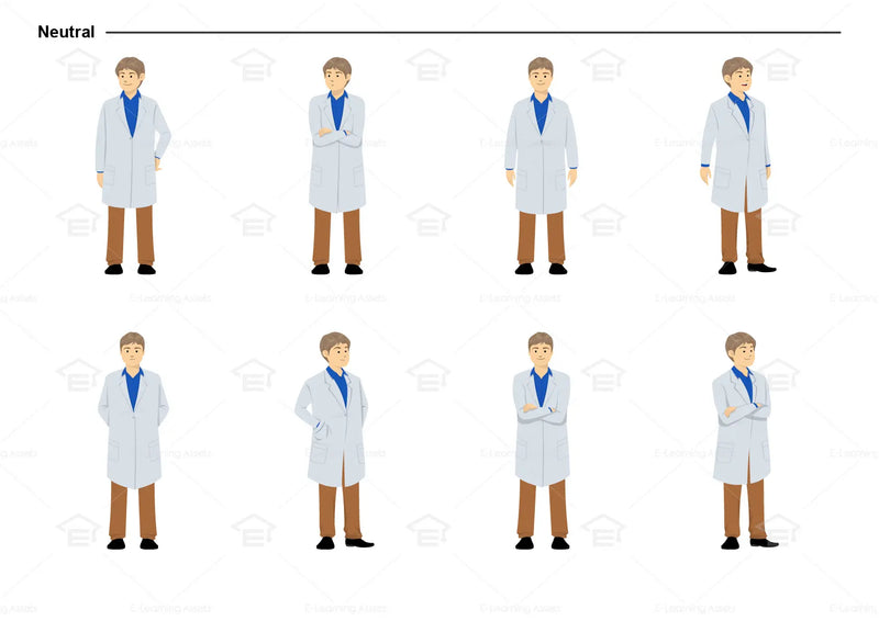 eLearning clipart of a scientist, lab technician, a person in the medical industry. A male character is wearing a lab coat. This sheet shows the character in various neutral poses.