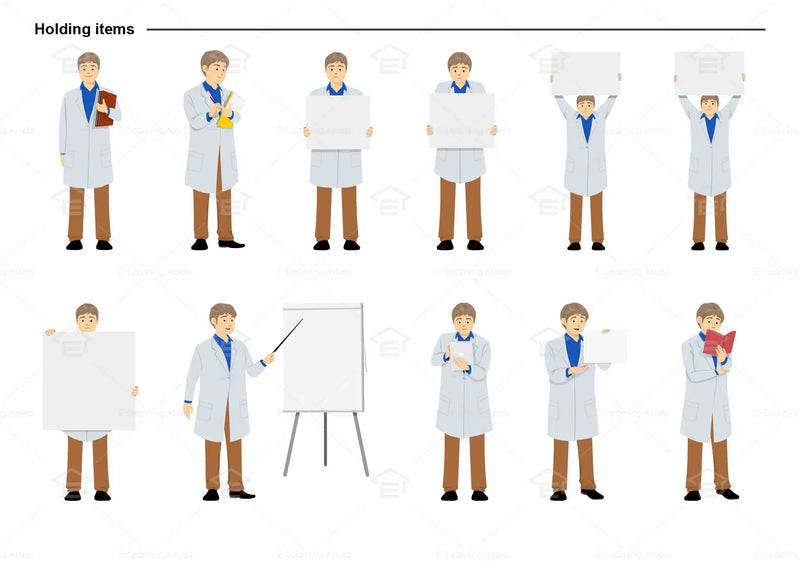 eLearning clipart of a scientist, lab technician, a person in the medical industry. A male character is wearing a lab coat. This sheet shows the character in various poses holding different items.