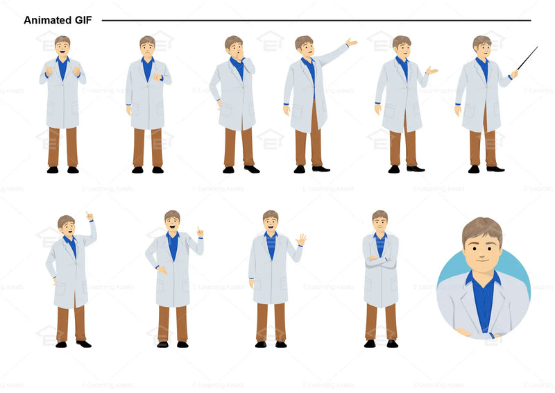 eLearning clipart of a scientist, lab technician, a person in the medical industry. A male character is wearing a lab coat. This sheet shows animated poses: Thumb up, thumbs down, thinking, presenting, pointing, remembering, aha, waving, standing with folded arms, and transitioning colors.