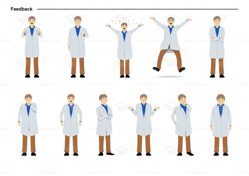 eLearning clipart of a scientist, lab technician, a person in the medical industry. A male character is wearing a lab coat. This sheet shows the character displaying various poses for providing feedback.