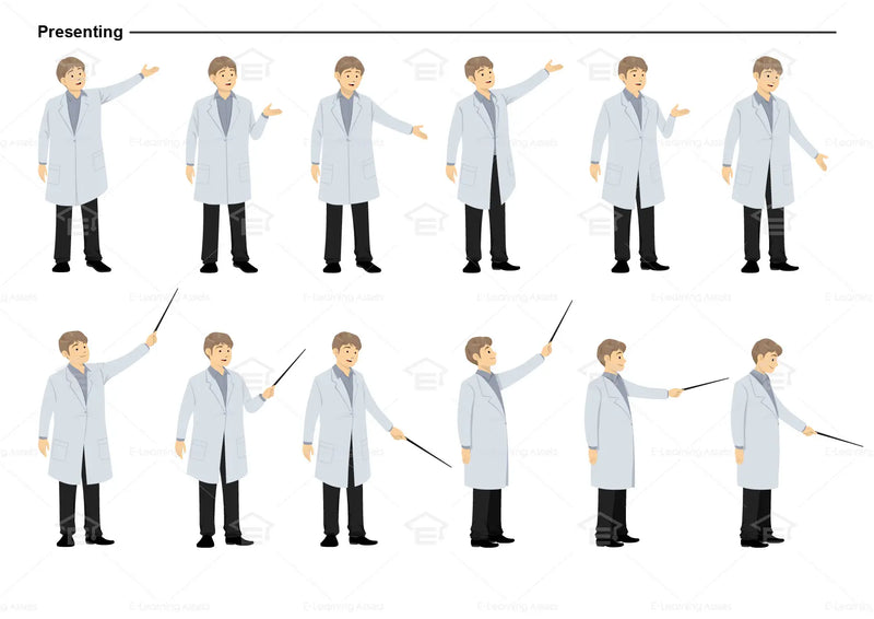 eLearning clipart of a scientist, lab technician, a person in the medical industry. A male character is wearing a lab coat. This sheet shows the character displaying various poses for presenting.