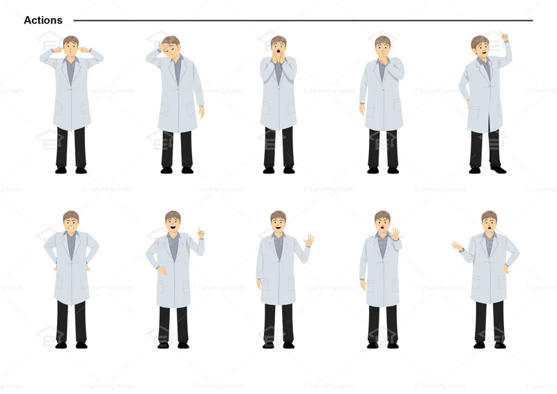 eLearning clipart of a scientist, lab technician, a person in the medical industry. A male character is wearing a lab coat. This sheet shows the character doing various actions.