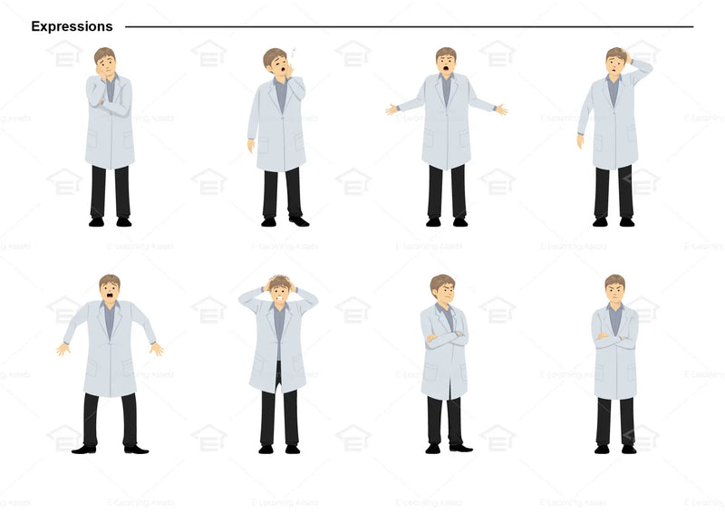 eLearning clipart of a scientist, lab technician, a person in the medical industry. A male character is wearing a lab coat. This sheet shows the character displaying various expressions.