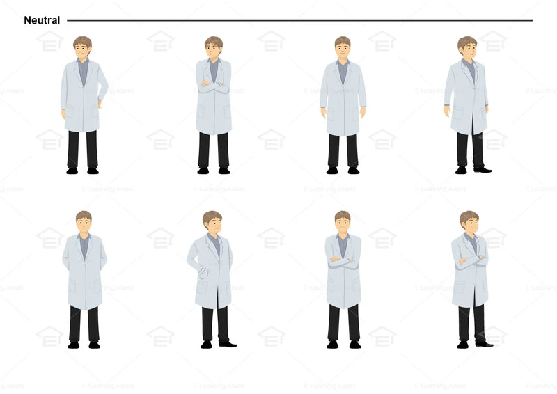 eLearning clipart of a scientist, lab technician, a person in the medical industry. A male character is wearing a lab coat. This sheet shows the character in various neutral poses.