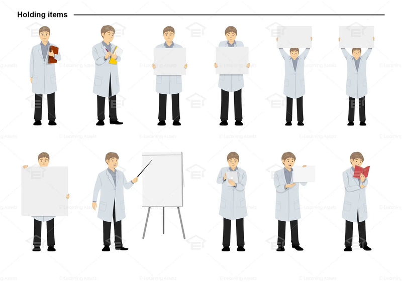 eLearning clipart of a scientist, lab technician, a person in the medical industry. A male character is wearing a lab coat. This sheet shows the character in various poses holding different items.