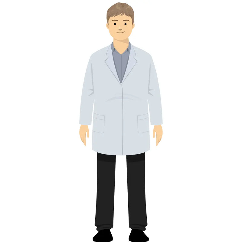 eLearning clipart of a scientist, lab technician, a person in the medical industry. A male character is wearing a lab coat. The character set comes in Storyline, SVG, PNG, and GIF formats.
