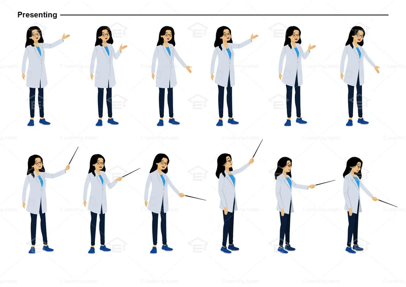 eLearning clipart of a scientist, lab technician, a person in the medical industry. A female character is wearing a lab coat and a pair of glasses.  This character sheet shows the character displaying various poses for presenting.