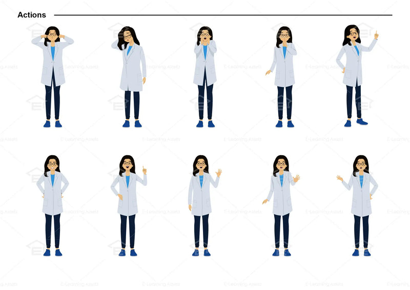eLearning clipart of a scientist, lab technician, a person in the medical industry. A female character is wearing a lab coat and a pair of glasses.  This character sheet shows the character doing various actions.