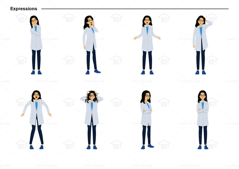 eLearning clipart of a scientist, lab technician, a person in the medical industry. A female character is wearing a lab coat and a pair of glasses.  This character sheet shows the character displaying various expressions.