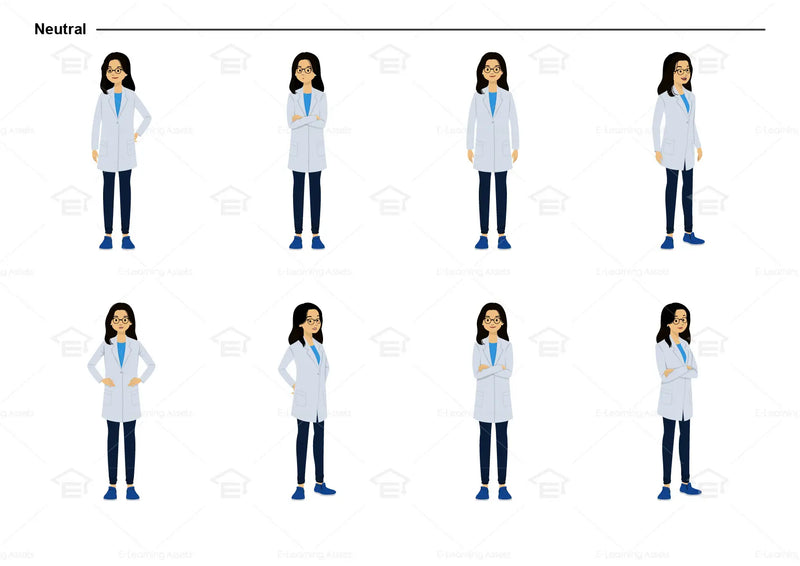 eLearning clipart of a scientist, lab technician, a person in the medical industry. A female character is wearing a lab coat and a pair of glasses. This character sheet shows the character in various neutral poses.