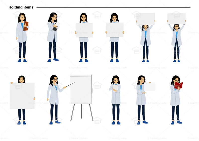 eLearning clipart of a scientist, lab technician, a person in the medical industry. A female character is wearing a lab coat and a pair of glasses.  This character sheet shows the character in various poses holding different items.