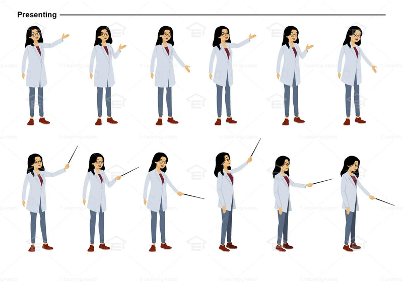 eLearning clipart of a scientist, lab technician, a person in the medical industry. A female character is wearing a lab coat and a pair of glasses. This character sheet shows the character displaying various poses for presenting.