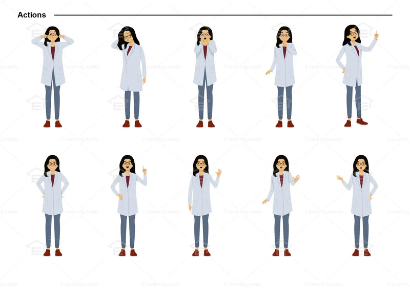 eLearning clipart of a scientist, lab technician, a person in the medical industry. A female character is wearing a lab coat and a pair of glasses. This character sheet shows the character doing various actions.