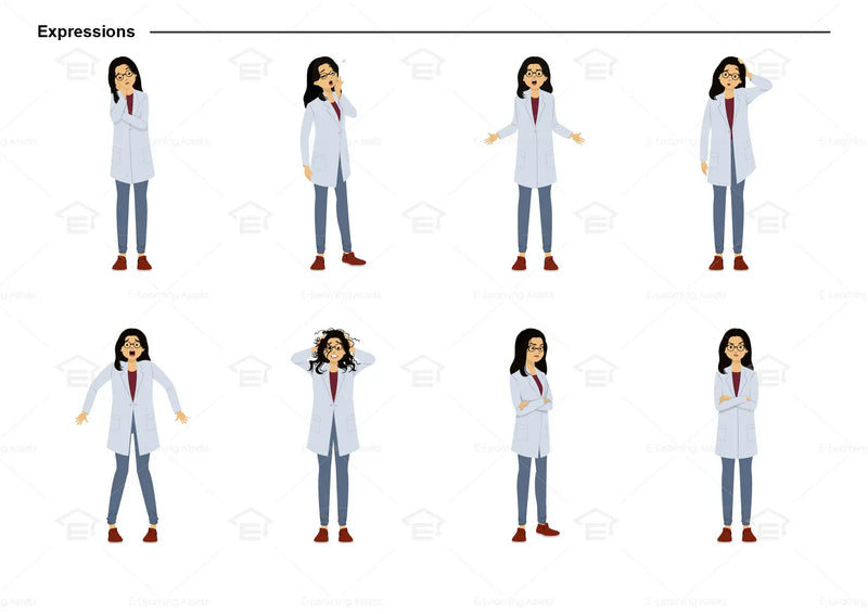eLearning clipart of a scientist, lab technician, a person in the medical industry. A female character is wearing a lab coat and a pair of glasses. This character sheet shows the character displaying various expressions.